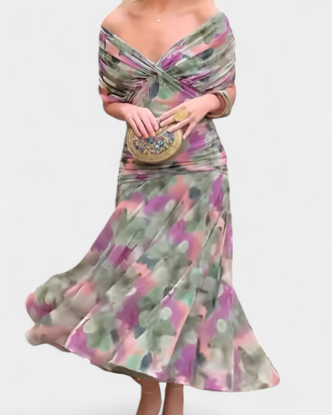 אלונדרה שמלה ארוכה עם הדפס פרחוני פנטזיה וצווארון בצורת V