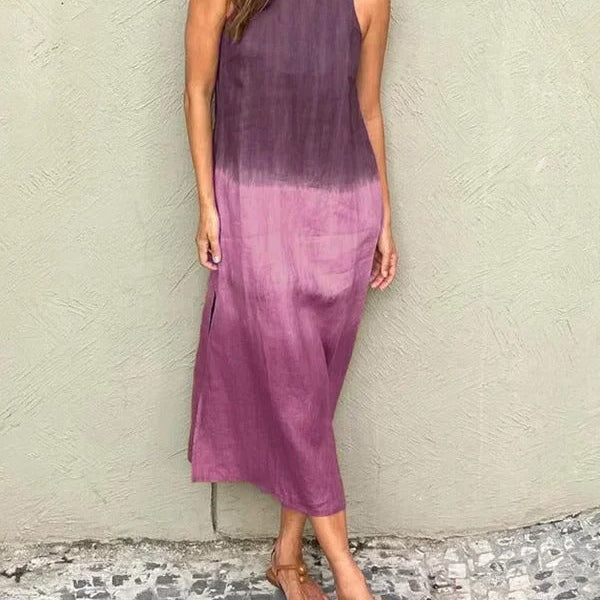 Melisa - שמלת כותנה ופשתן עם צווארון עגול