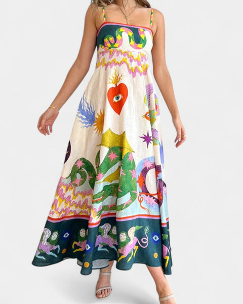 ארלין שמלת מידי פשתן מודפסת מעורבת