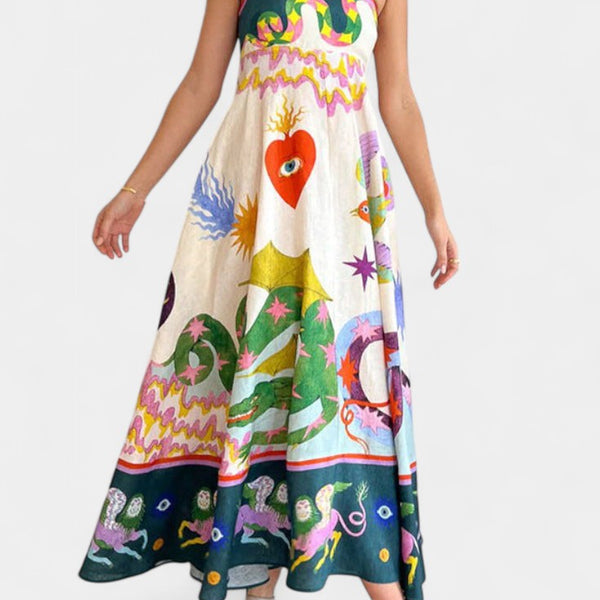 ארלין שמלת מידי פשתן מודפסת מעורבת