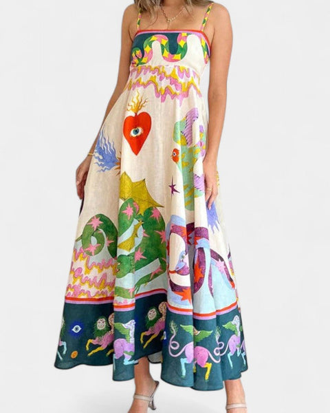 ארלין שמלת מידי פשתן מודפסת מעורבת