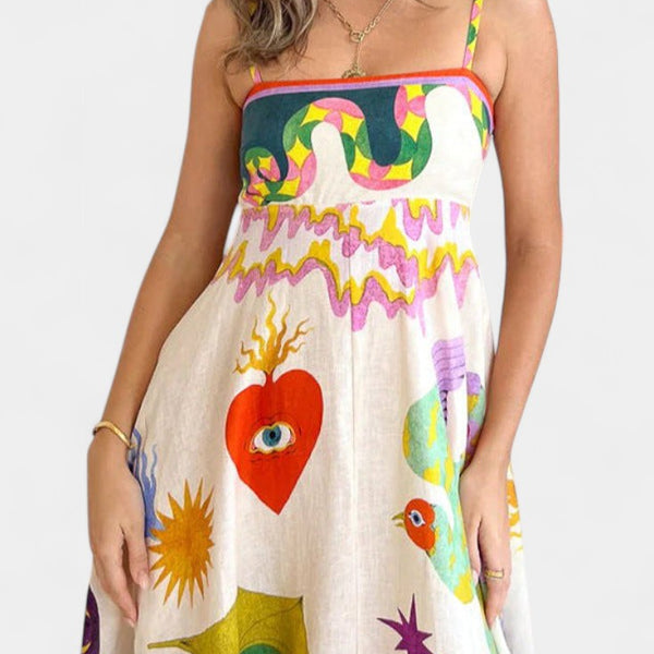 ארלין שמלת מידי פשתן מודפסת מעורבת