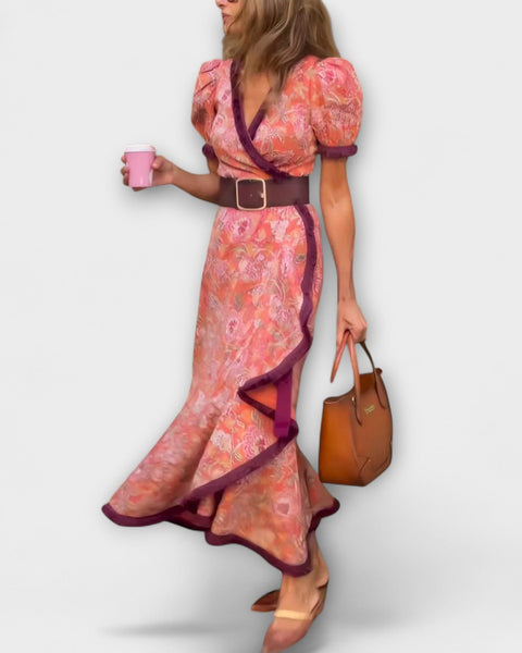 שמלות מקסי אלגנטיות ורודות עם שרוולים קצרים