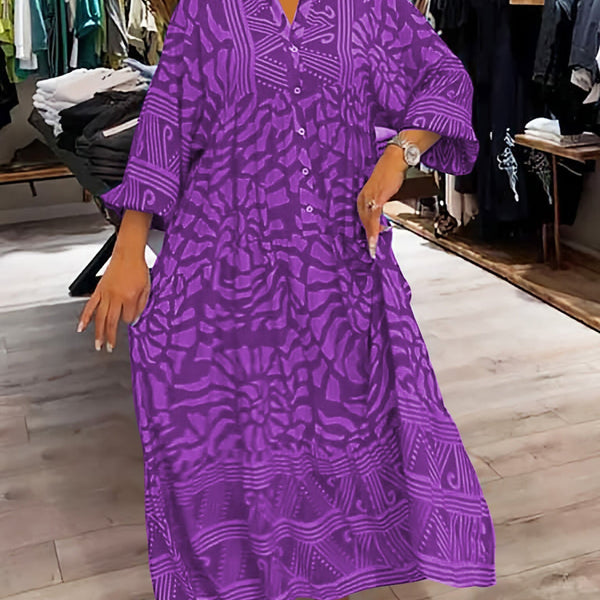 Elyanna - שמלת צווארון V מודפסת