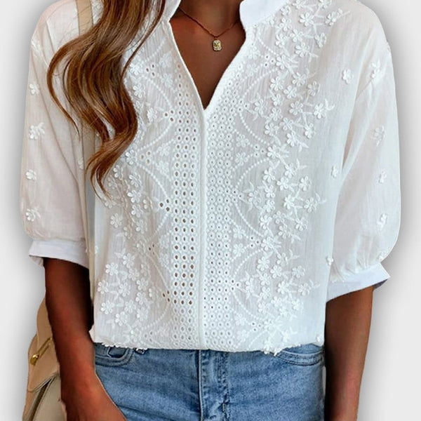 חולצת לבוש עם שרוולים נפוחים וצווארון V בעיצוב תחרה