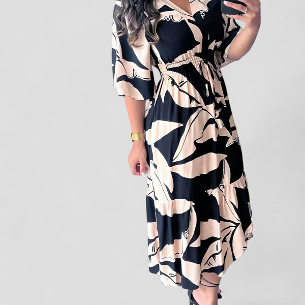 קאיה | שמלת V-צוואר אלגנטית עם שרוולים באורך 3/4 ופרט קשירה