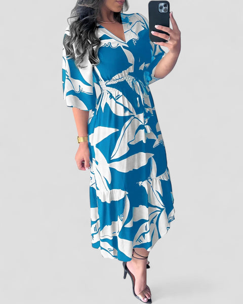 קאיה | שמלת V-צוואר אלגנטית עם שרוולים באורך 3/4 ופרט קשירה