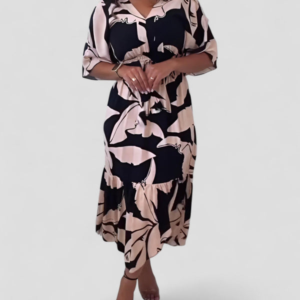 קאיה | שמלת V-צוואר אלגנטית עם שרוולים באורך 3/4 ופרט קשירה