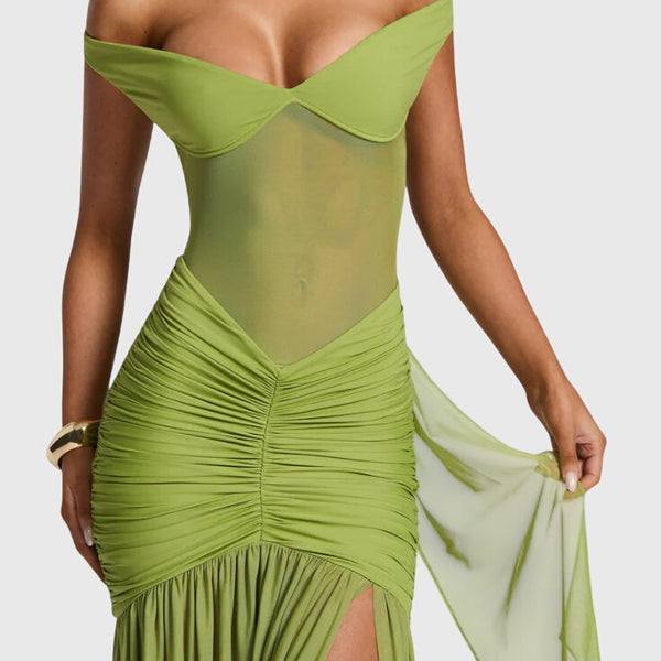 שמלות ארוכות משי עם מחשוף עמוק וקפלים אלגנטיים