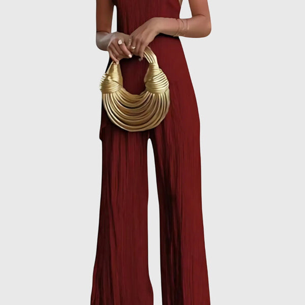 סט פילריקה אלגנטי עם טופ אסימטרי ומכנסיים זורמים