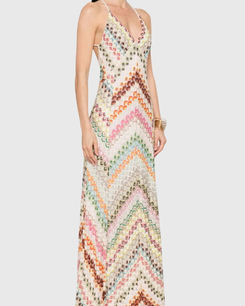 שמלת אגוסטינה ארוכה עם תחרה וסקוט V ודוגמת זיגזג