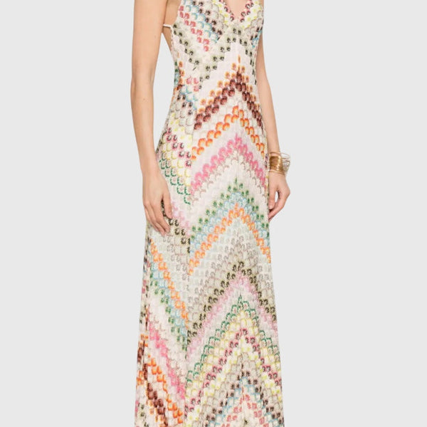 שמלת אגוסטינה ארוכה עם תחרה וסקוט V ודוגמת זיגזג