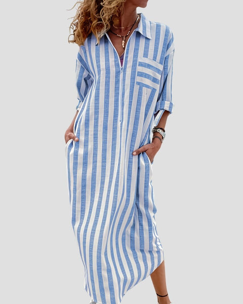 מרליה™ – שמלת מקסי אלגנטית עם פסים וצווארון וי