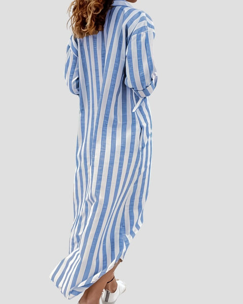 מרליה™ – שמלת מקסי אלגנטית עם פסים וצווארון וי