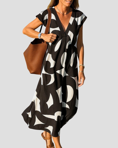 סילבינה – שמלת מקסי זורמת עם צווארון וי אלגנטי