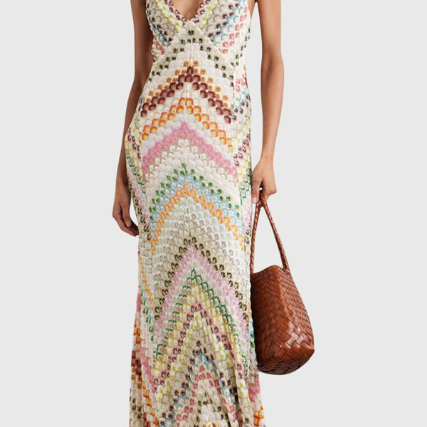 שמלת אגוסטינה ארוכה עם תחרה וסקוט V ודוגמת זיגזג