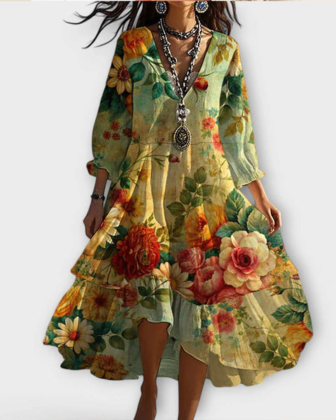 שמלת בוהו וינטג' עם הדפס פרחים וקרדיגן