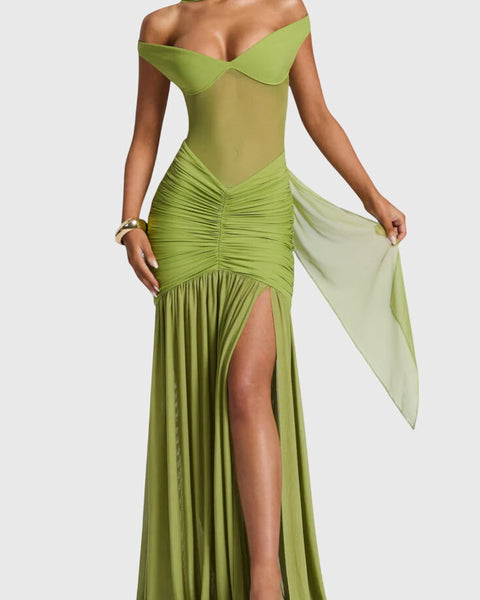 שמלות ארוכות משי עם מחשוף עמוק וקפלים אלגנטיים