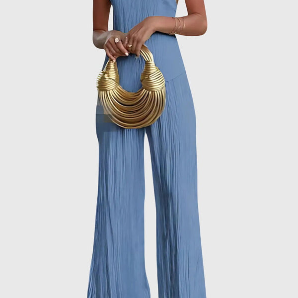 סט פילריקה אלגנטי עם טופ אסימטרי ומכנסיים זורמים