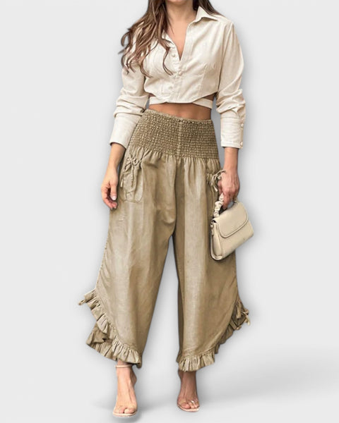 מכנסי פשתן רפויים עם קפלים טרנדיים