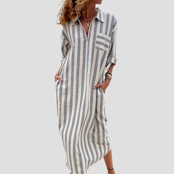 מרליה™ – שמלת מקסי אלגנטית עם פסים וצווארון וי