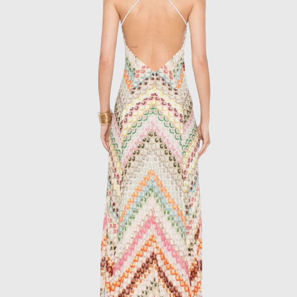 שמלת אגוסטינה ארוכה עם תחרה וסקוט V ודוגמת זיגזג