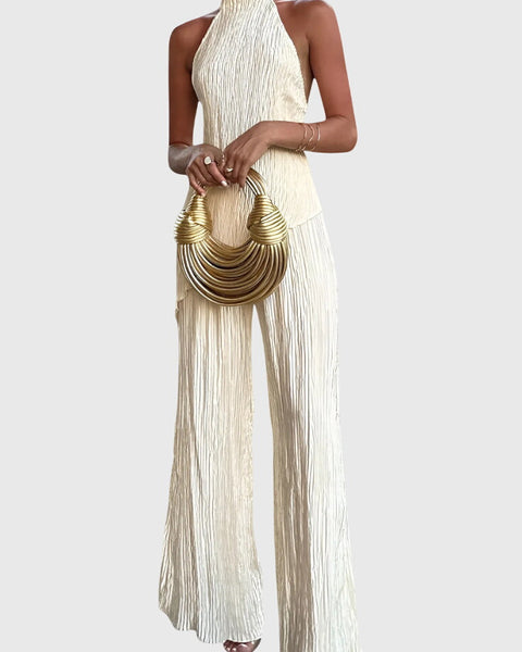 סט פילריקה אלגנטי עם טופ אסימטרי ומכנסיים זורמים