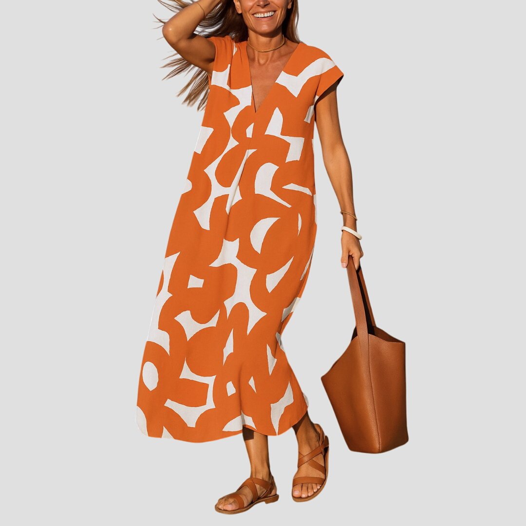 סילבינה – שמלת מקסי זורמת עם צווארון וי אלגנטי