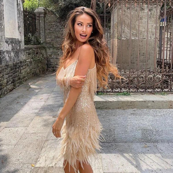 Jemima - שמלת מיני אופנתית עם נוצות