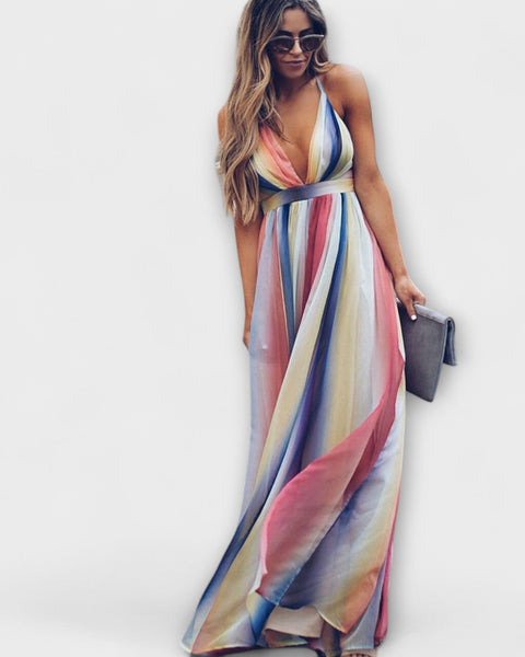 שמלת מקסי עם מחשוף V ופסים צבעוניים