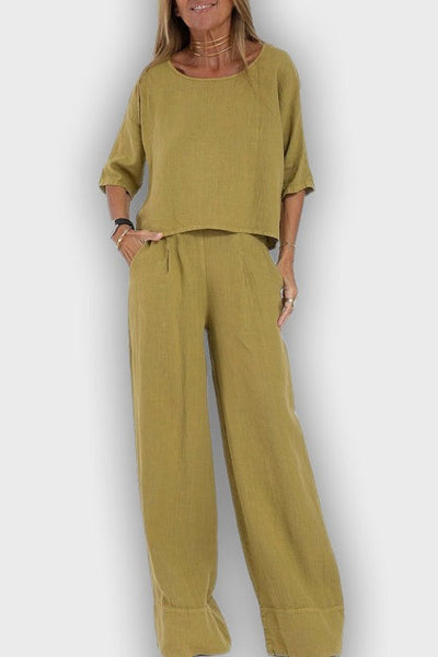 חליפת כותנה-פשתן אלגנטית לנשים בשני חלקים