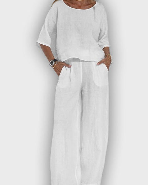 חליפת כותנה-פשתן אלגנטית לנשים בשני חלקים