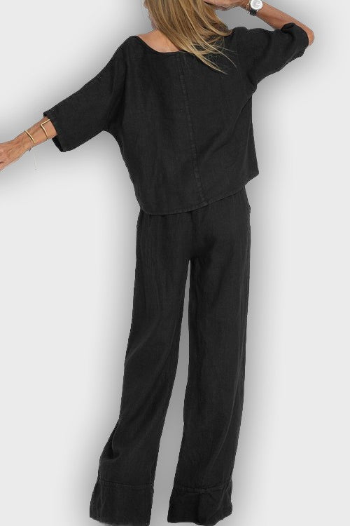 חליפת כותנה-פשתן אלגנטית לנשים בשני חלקים