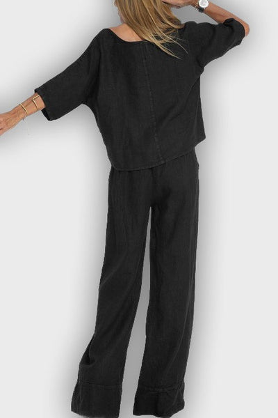 חליפת כותנה-פשתן אלגנטית לנשים בשני חלקים