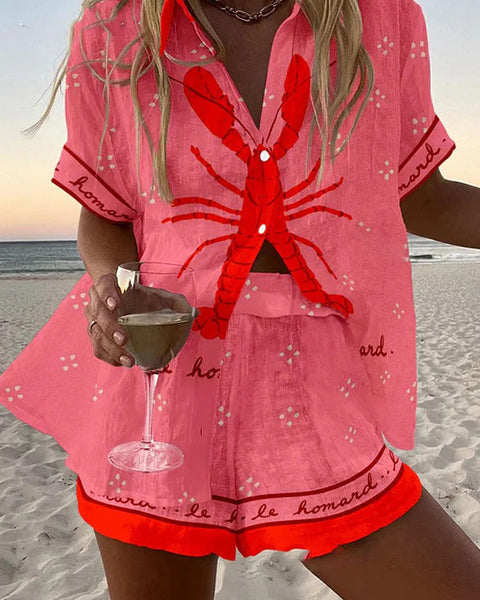 פאלינה™ | חליפה קצרה מבד פשתן בצבע לובסטר ורוד