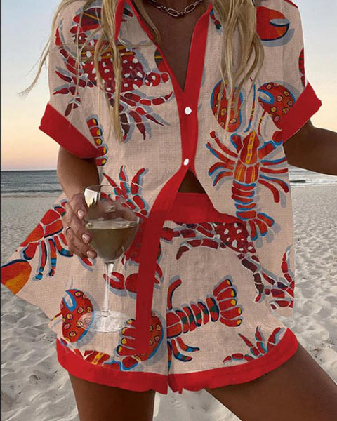 דפירה™ | חליפת לינה קצרה עם הדפס לובסטר