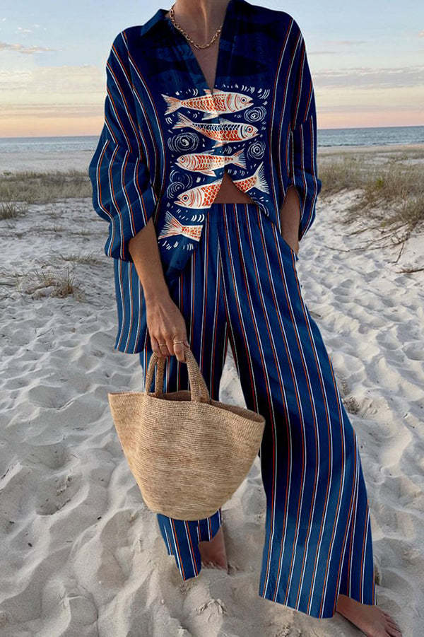 זיירין™ | סט פשתן עם הדפס קוי כחול