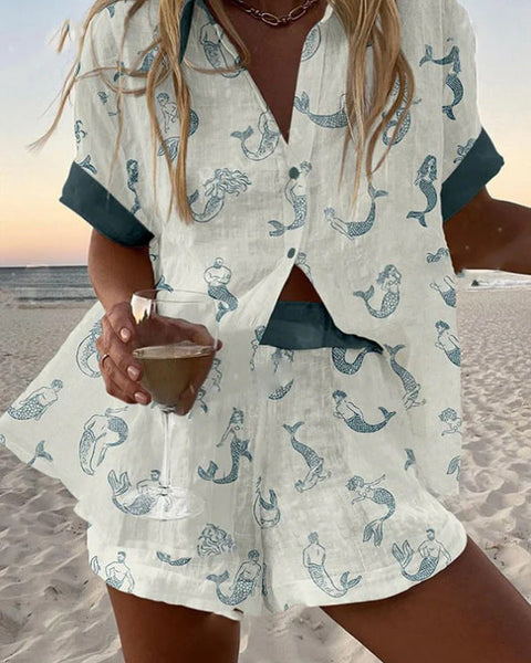 ג'לירה™ | חצאית קצרה מבד פשתן עם הדפס סירנה