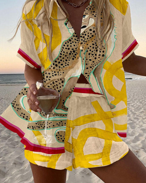 קסימה™ | סט קצר מל linen עם הדפסת ג'פראד