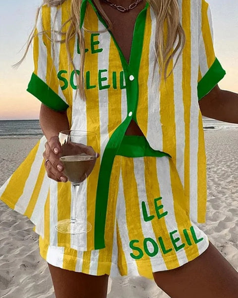 הלורה™ | חליפת לينو קצרה עם פסים צהובים