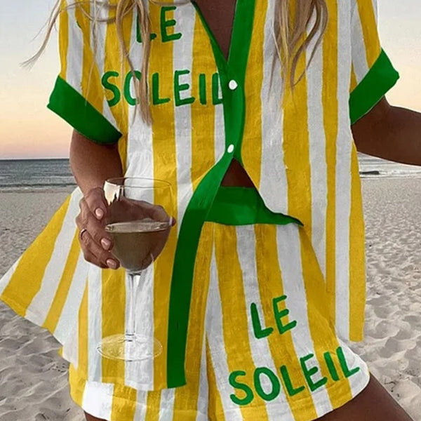 הלורה™ | חליפת לينو קצרה עם פסים צהובים