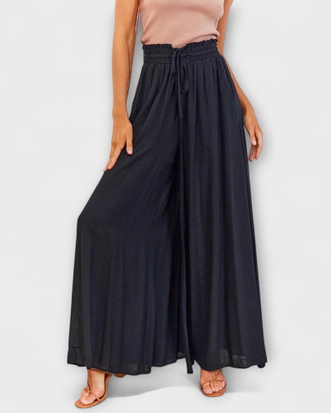 מכנסי פשתן נוחים עם מותן גבוהה ורגל רחבה