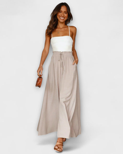 מכנסי פשתן נוחים עם מותן גבוהה ורגל רחבה