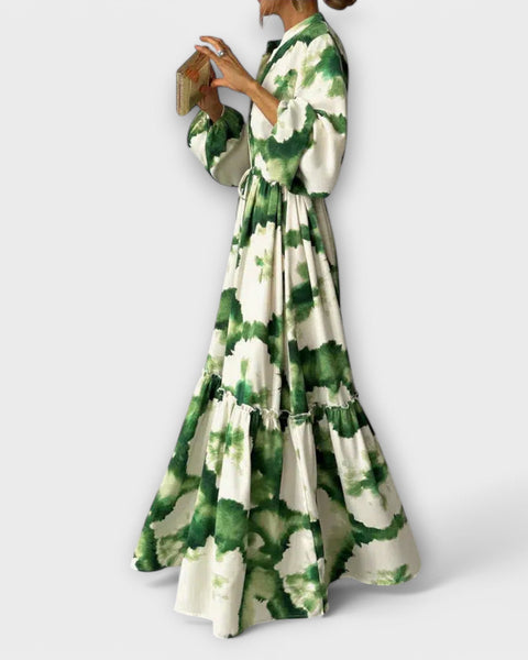 שמלת מקסי ירוקה עם שרוולים ארוכים וחתך V