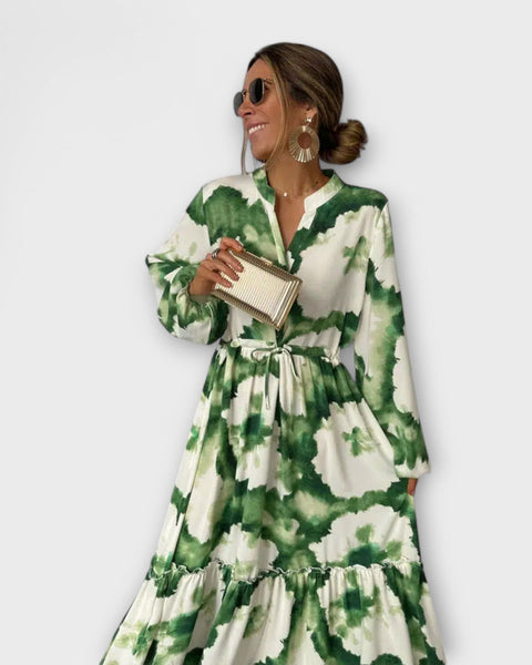 שמלת מקסי ירוקה עם שרוולים ארוכים וחתך V