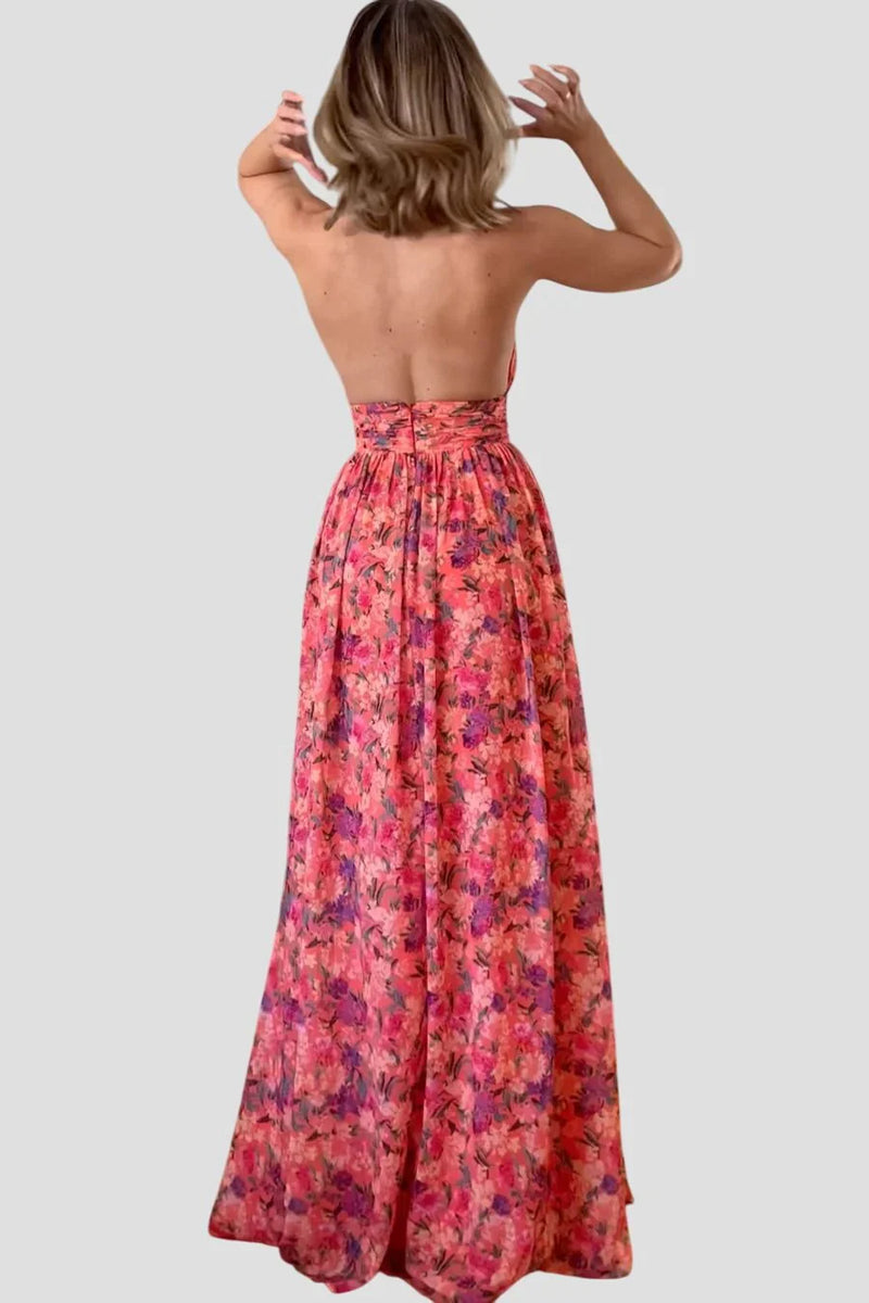 מיסה לונה | שמלת מקסי ללא גב עם הדפס פרחים