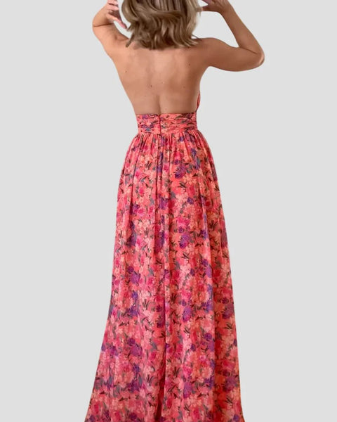 מיסה לונה | שמלת מקסי ללא גב עם הדפס פרחים