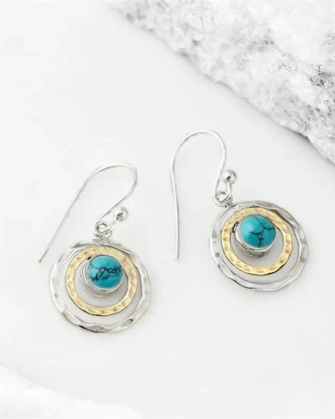 עגילי סאטורן בוהו עם אבן טורקיז בכסף וזהב