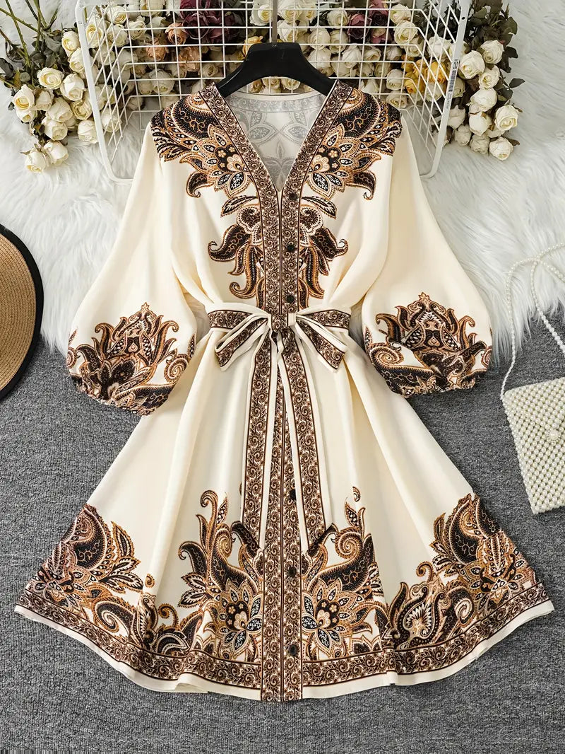 Gwenda - שמלת קו A עם הדפס פייזלי וצווארון V