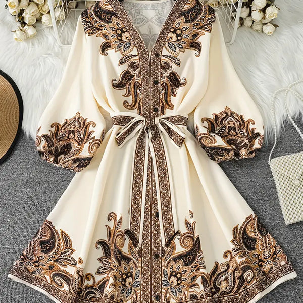 Gwenda - שמלת קו A עם הדפס פייזלי וצווארון V